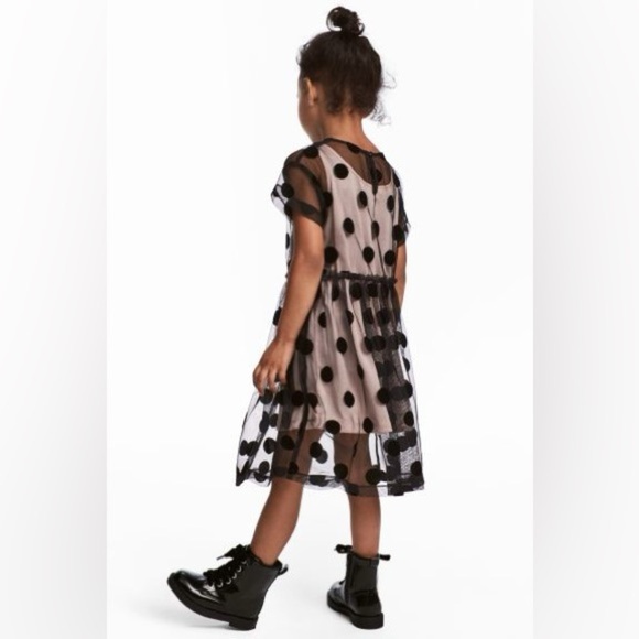 H&M KIDS GIRL Polka Dot Sheer Mesh Black Dress with Lining. Size 9/10Y. EUC - Picture 1 of 3